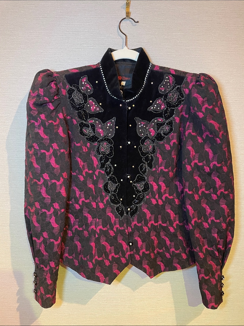 Vintage-Inspired Black & Magenta Embroidered Women’s Top
